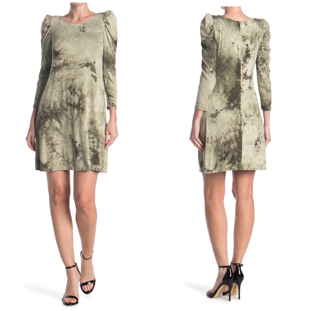 NWT MSK Green Olive Tie Dye Puff Sleeve Dress